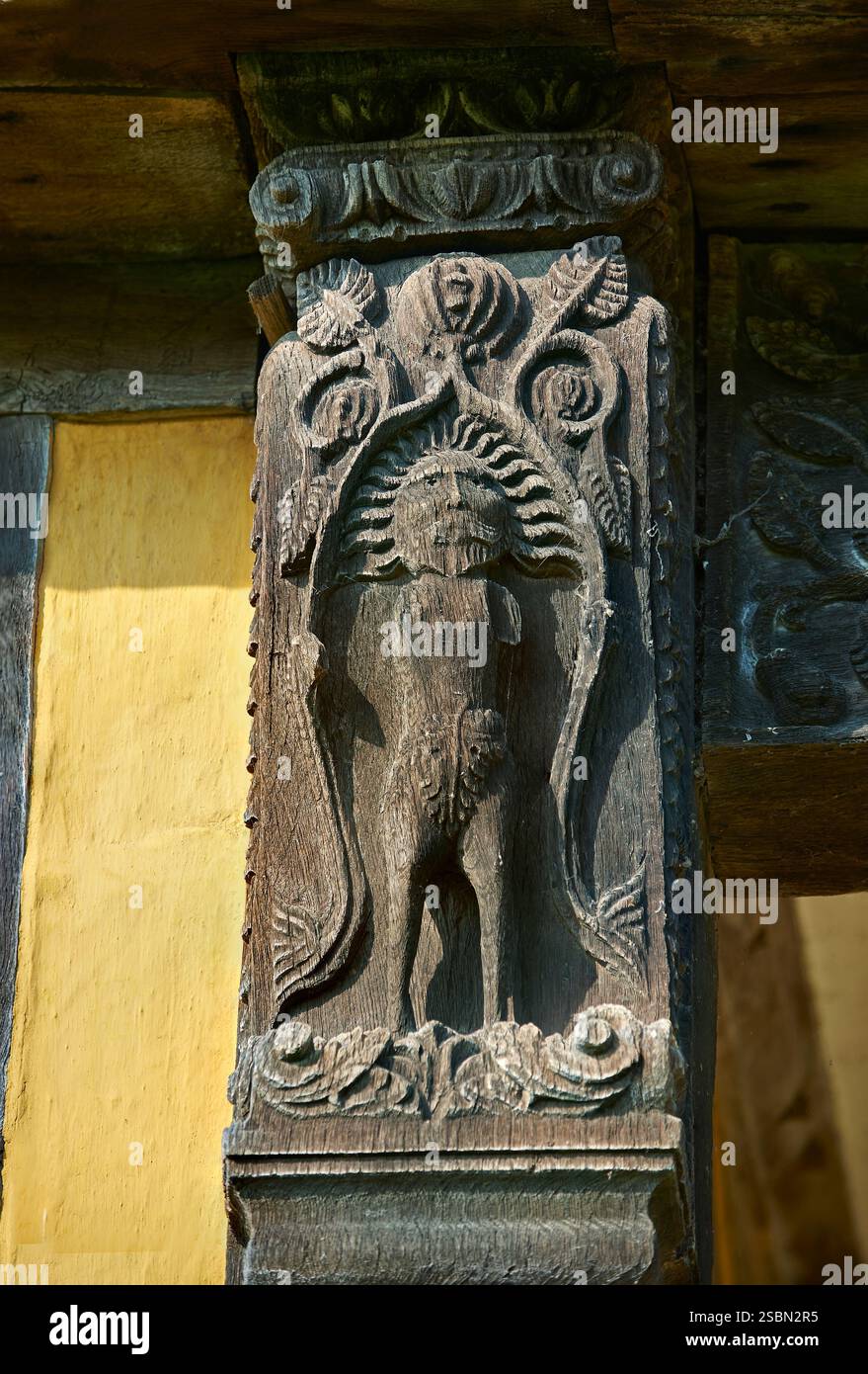 Sculpture traditionnelle anglaise médiévale sur bois d'Adam sur la porte du château de Stokesay comme talisman de bonne chance, Shropshire, Angleterre Banque D'Images