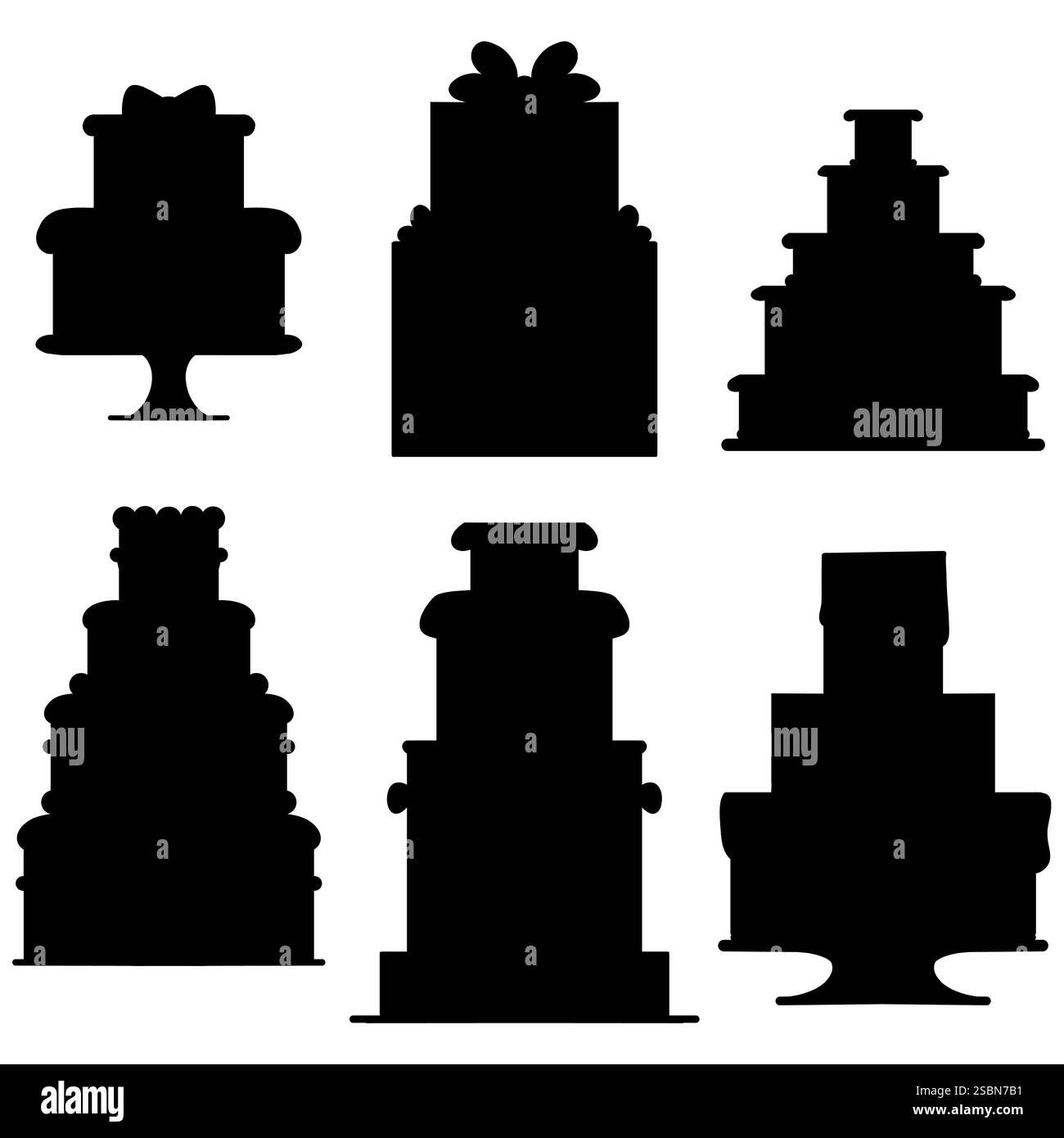 Ensemble festif de vecteur de silhouette noire de gâteaux. Collection d'ombre de tartes cuites au four. Gâteaux de mariage et d'anniversaire monochromes pour les icônes. Illustration de Vecteur