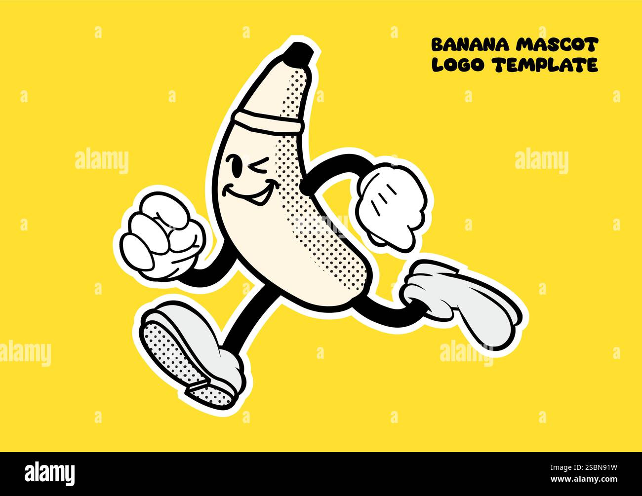 Mascotte de banane de dessin animé vintage, courant et souriant, modèle de logo rétro Illustration de Vecteur