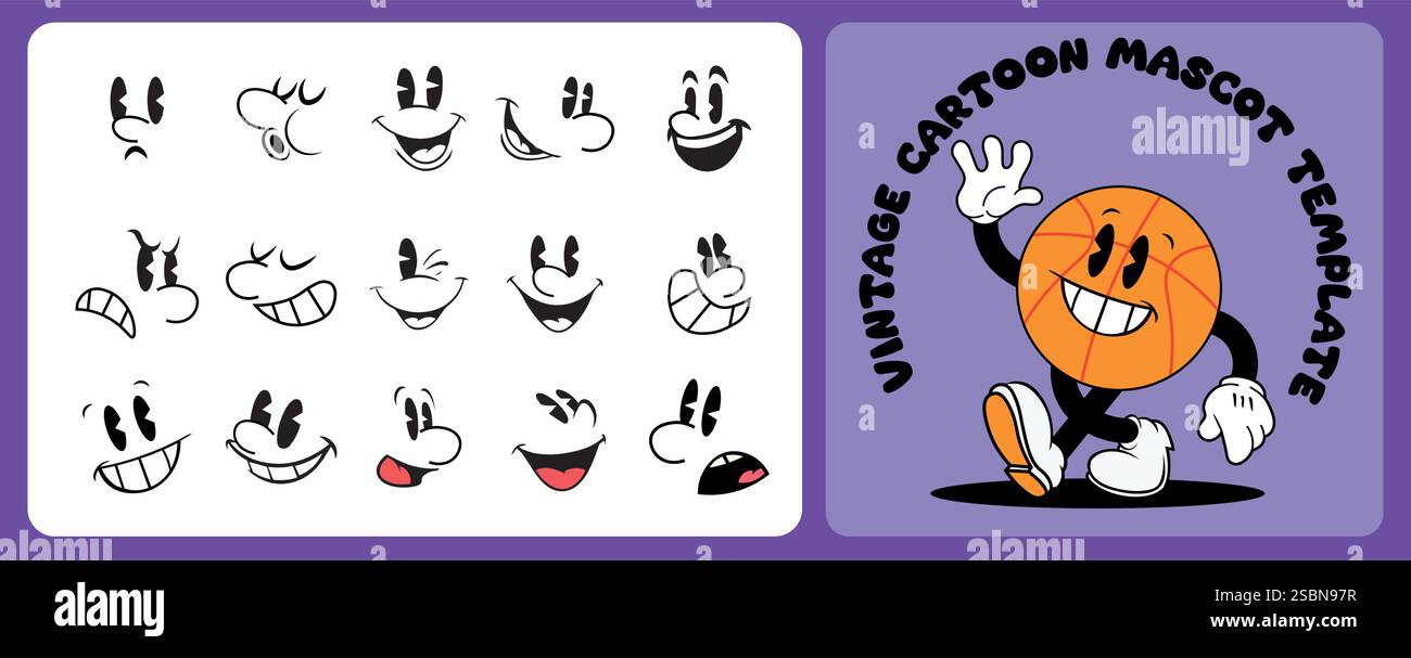 Ensemble de visage de mascotte de dessin animé vintage des années 1930, expression différente, illustration vectorielle, style Rubberhose Illustration de Vecteur