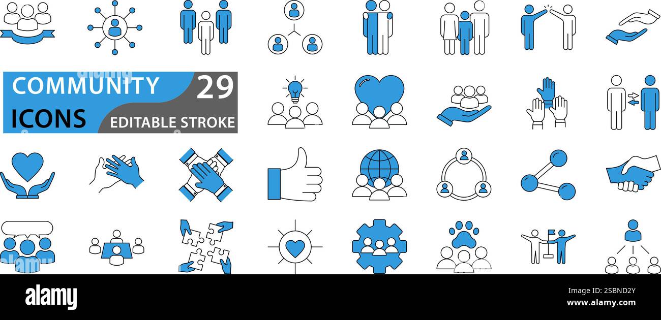 Jeu d'icônes de communauté. Contenant des personnes, amitié, social, diversité, village, icônes de relations, de soutien et de développement communautaire. Définir icône collégiale Illustration de Vecteur