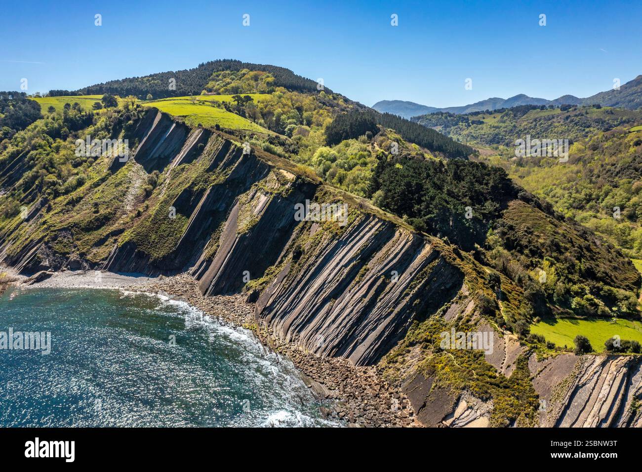 Espagne, pays Basque, Guipuzcoa, Zumaia, Géoparc UNESCO du flysch, ou plaine côtière basque, avec des stratotypes datant de plusieurs millions d'années, vue aérienne Banque D'Images Espagne, pays Basque, Guipuzcoa, Zumaia, Géoparc UNESCO du flysch, ou plaine côtière basque, avec des stratotypes datant de plusieurs millions d'années, vue aérienne Banque D'Images