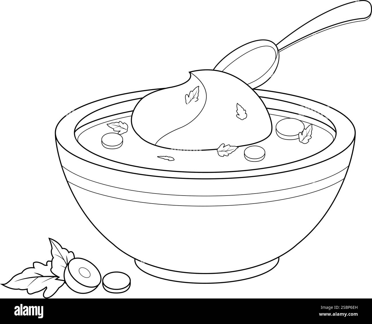 Bol de soupe. Soupe maison avec légumes, soupe russe borscht. Page de coloriage noir et blanc vectoriel. Illustration de Vecteur