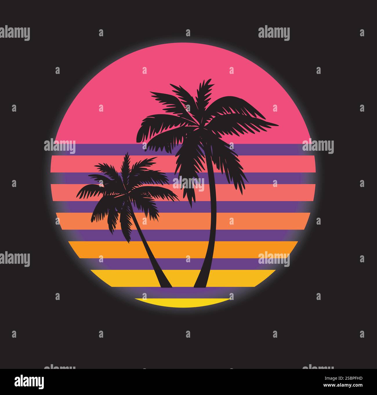 Retrowave Vector illustration de palmiers contre un coucher de soleil violet des années 1980 Illustration de Vecteur