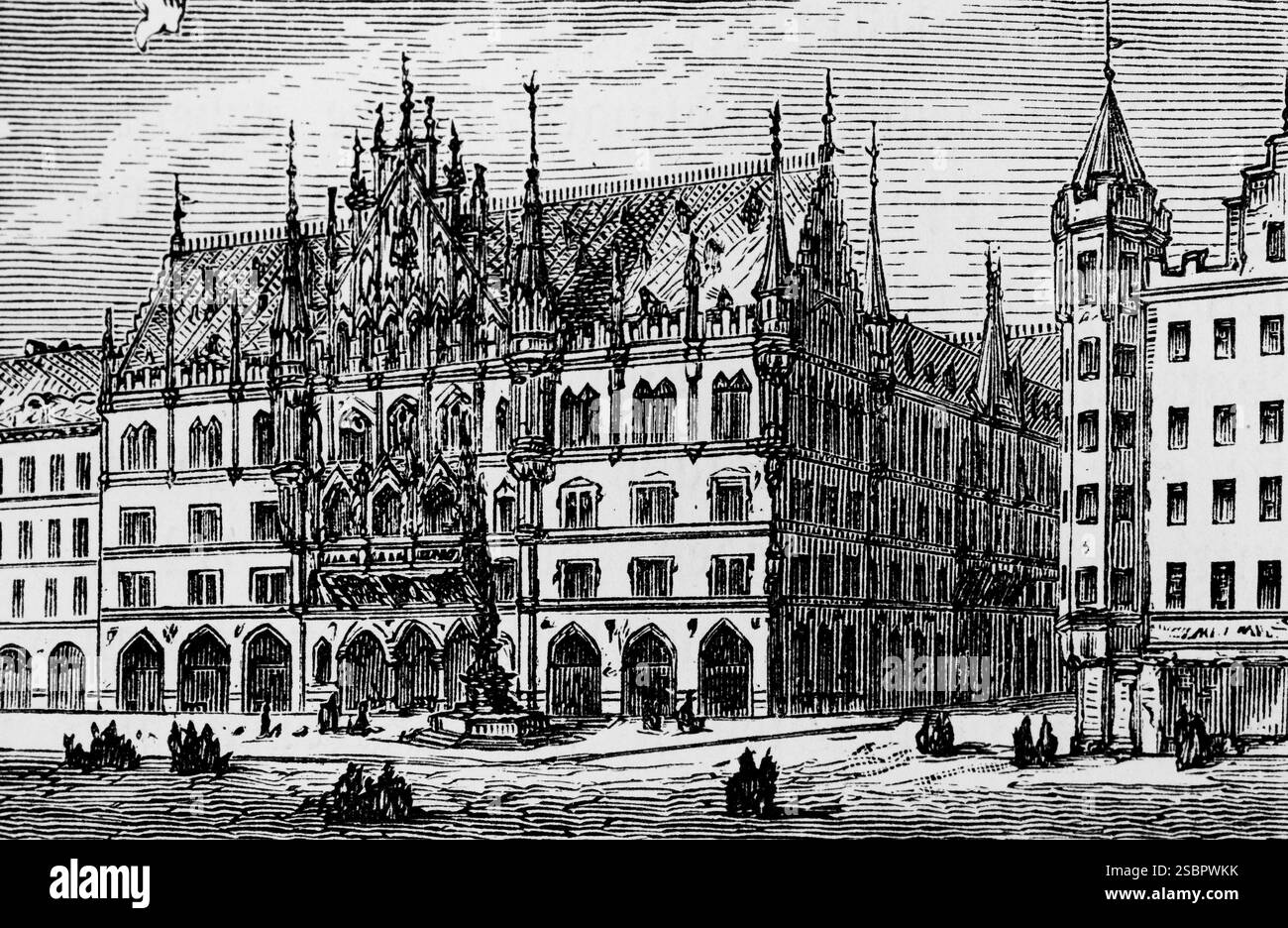 Nouvel hôtel de ville sur Marienplatz en architecture néo-gothique, administration de la ville de Munich, fontaine, gens, voyage, Allemagne, illustration historique 1885, Banque D'Images