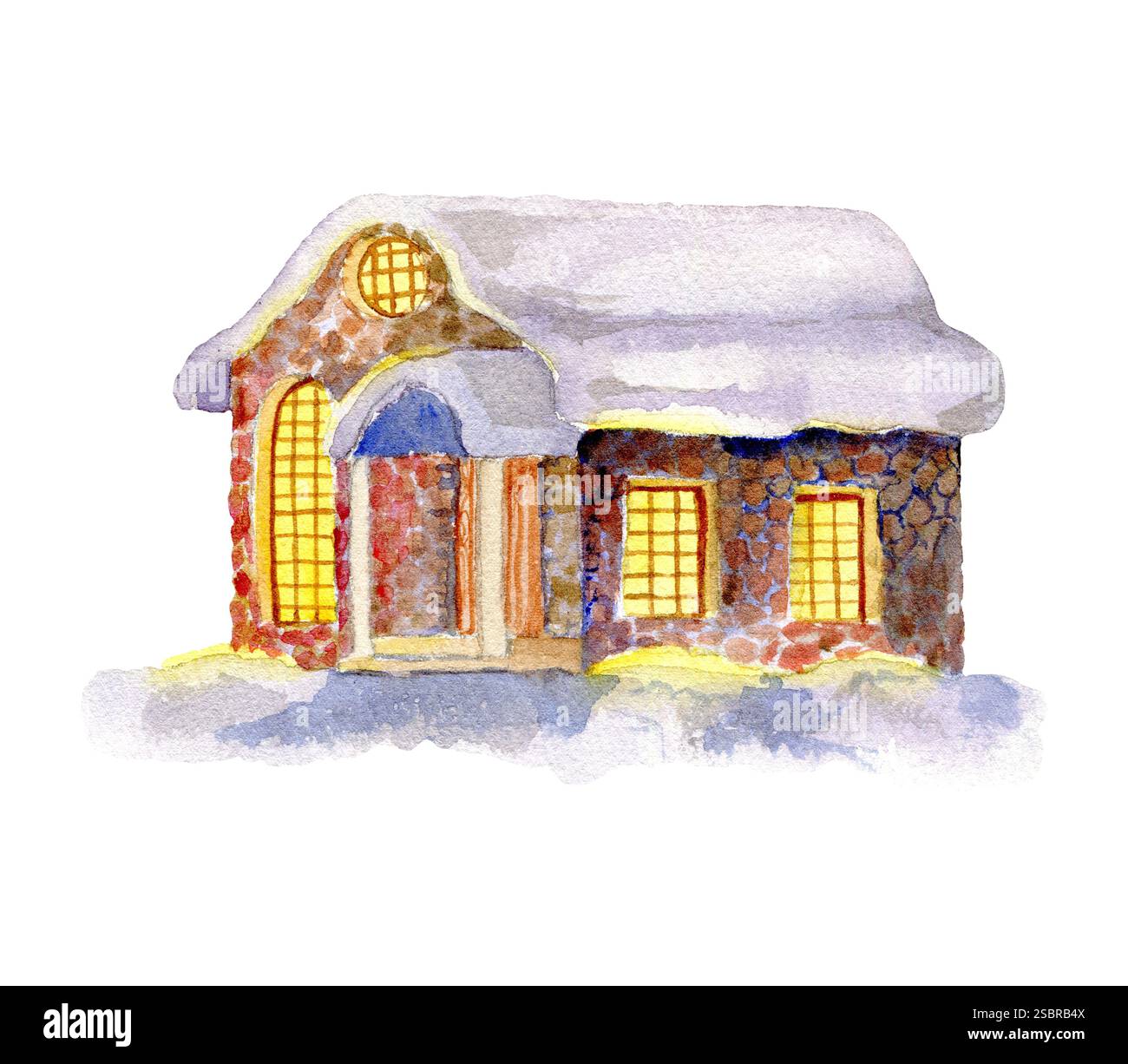 hiver maison d'un étage faite de pierres avec de la neige sur le toit et des fenêtres en maille, dans la neige sur un blanc Banque D'Images