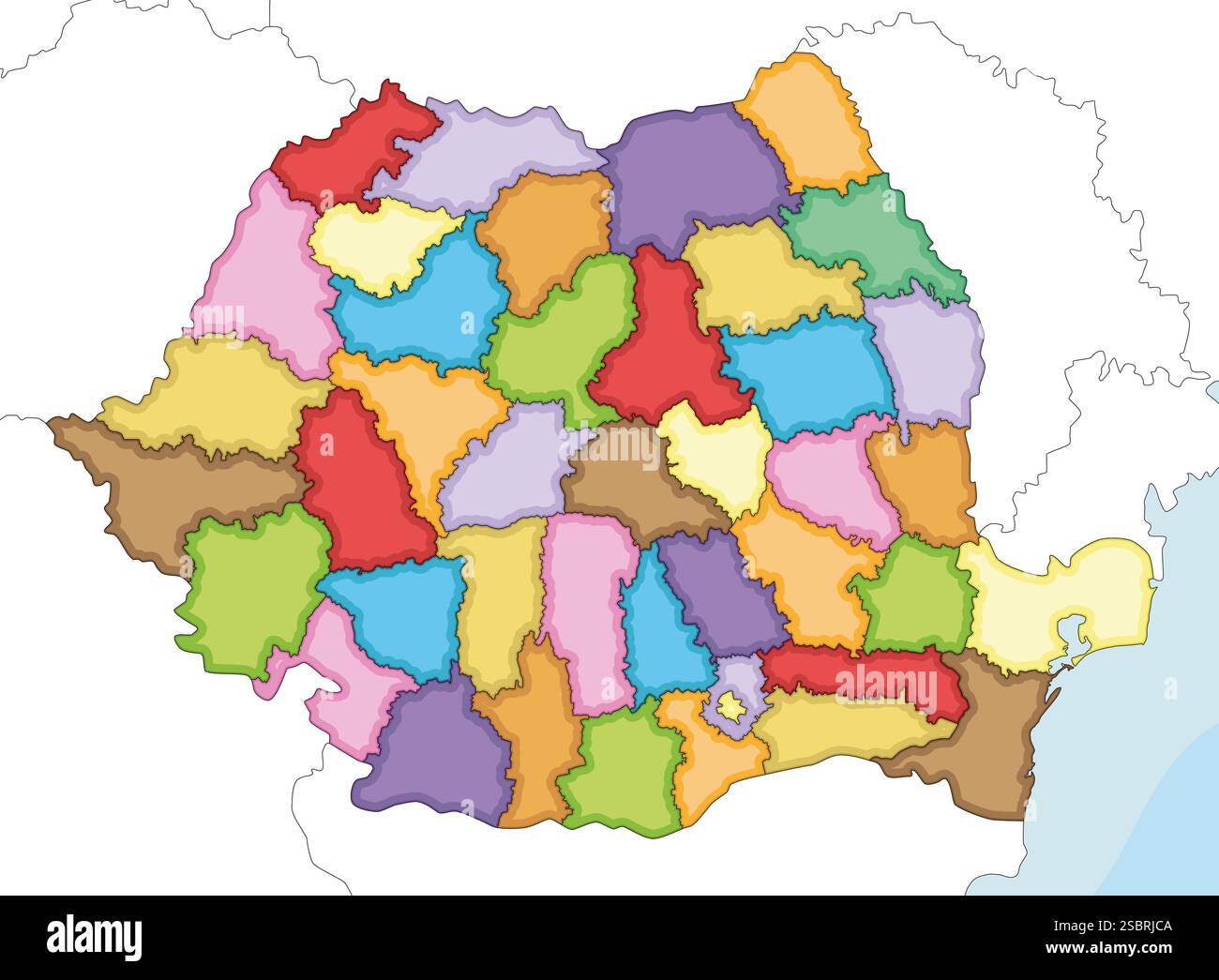 Vecteur illustré carte vierge régionale de la Roumanie avec les comtés et les divisions administratives, et les pays et territoires voisins. Modifiable et Illustration de Vecteur