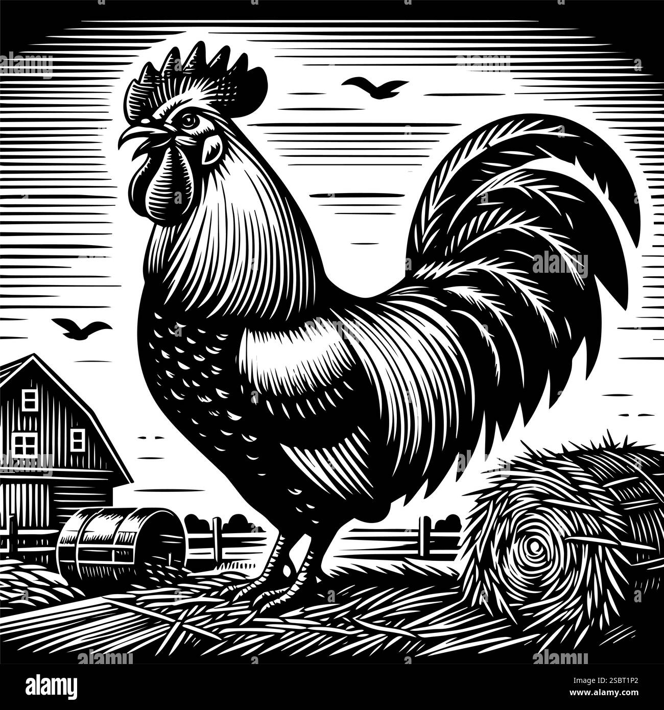 Une œuvre d'art en noir et blanc, une illustration vectorielle dans le style linogravure, représente un coq dans un cadre de ferme. Illustration de Vecteur