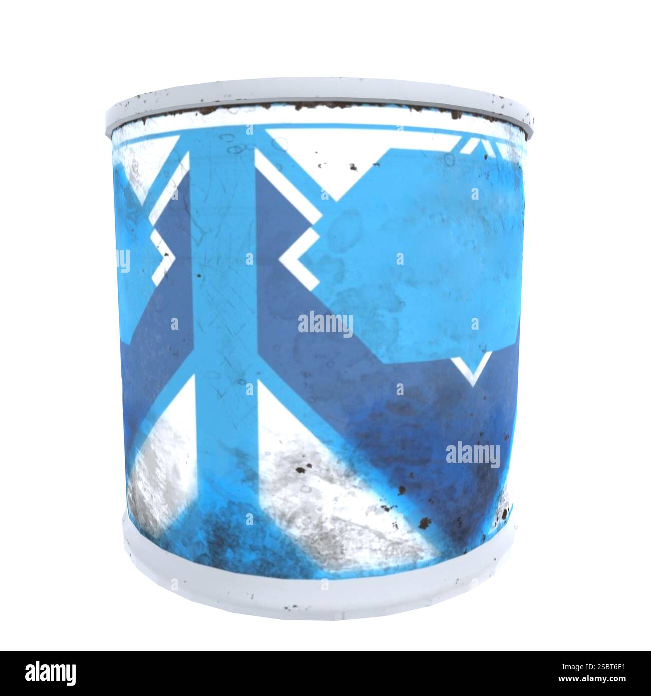 Des motifs bleus abstraits ornent une surface rouillée dans un environnement urbain, mettant en valeur les influences du Street art. Banque D'Images