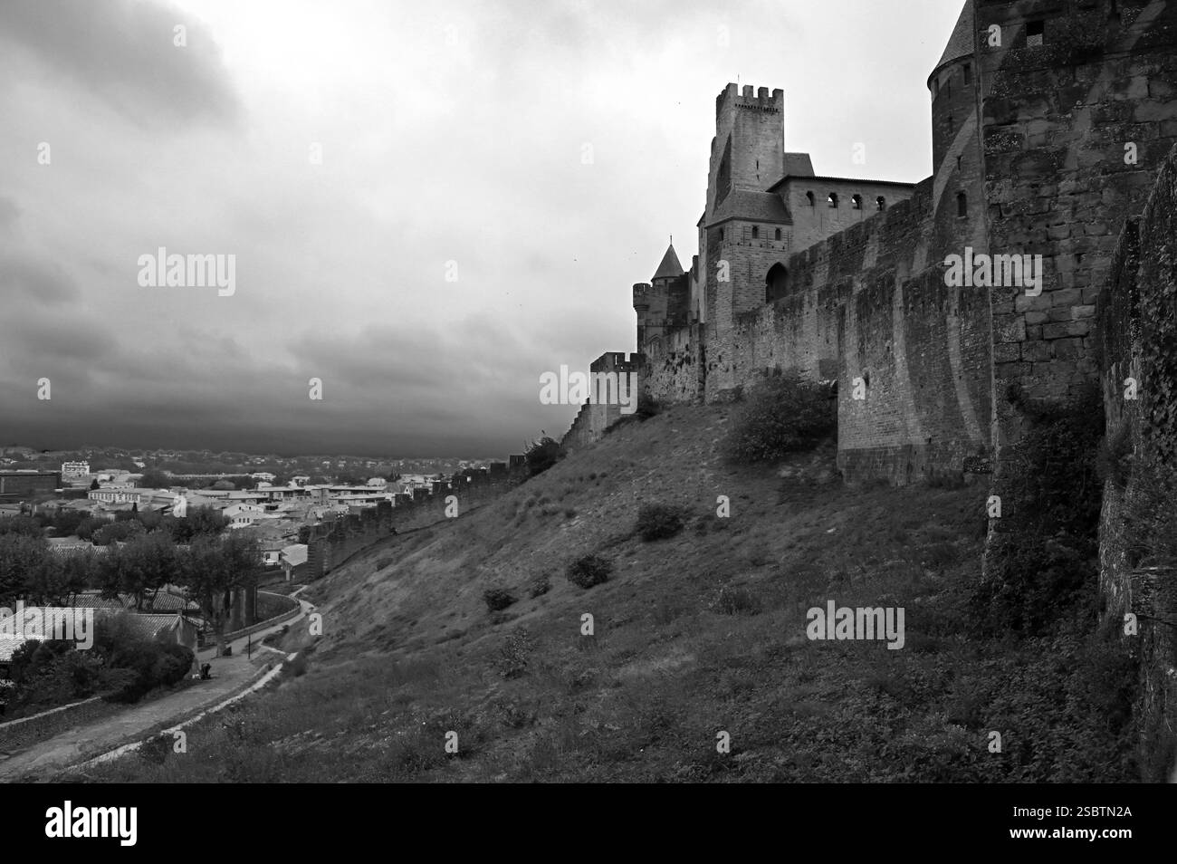 La célèbre cité médiévale fortifiée de Carcassonne se distingue clairement sur cette photo prise par un jour nuageux. Banque D'Images