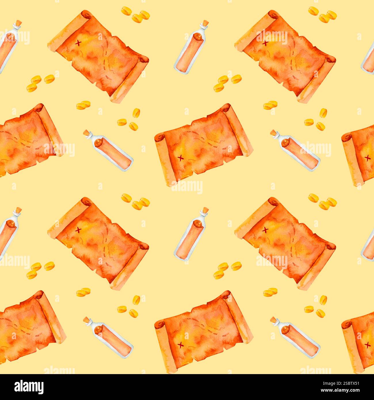 Carte usée, bouteille contenant le message et pièces d'or brillantes se combinent dans un motif pirate vintage. Cette illustration aquarelle est parfaite pour pirate-th Banque D'Images