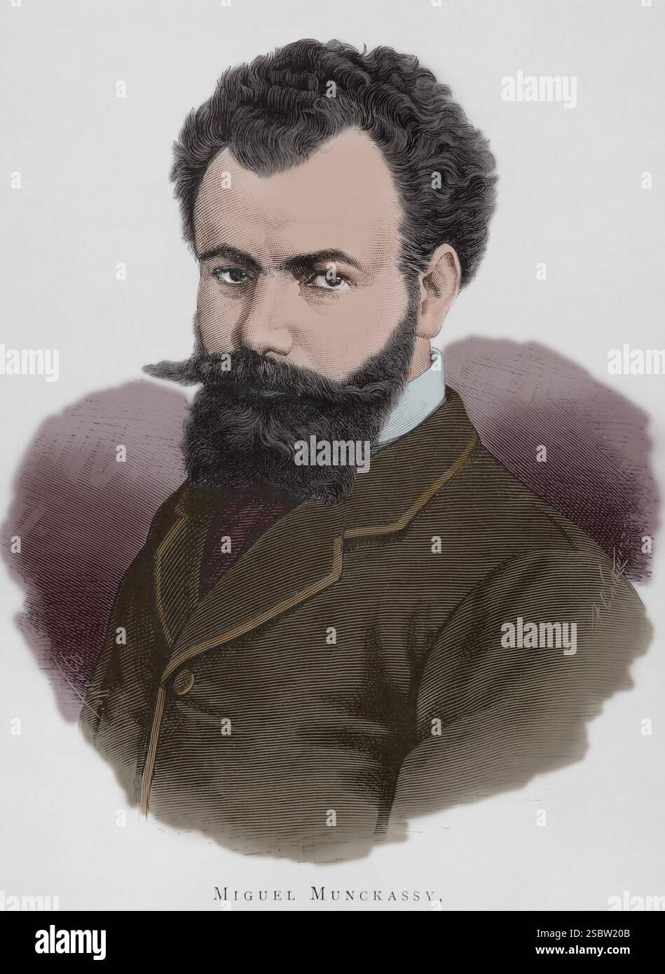 Mihály Munkácsy (1844-1900) Peintre hongrois. Portrait. Dessin de Badillo. Gravure d'Arturo Carretero (1852-1903). Coloration ultérieure. La Ilustración Española y Americana (illustration espagnole et américaine), 1884. Banque D'Images