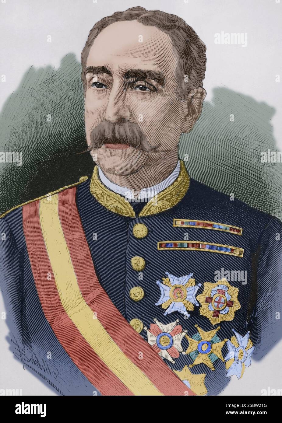 Miguel de la Vega-Inclán y Palma (1820-1884). Militaires espagnols. Gouverneur de Porto Rico (1884). Portrait. Dessin de Badillo. Gravure d'Arturo Carretero (1852-1903). Coloration ultérieure. L'illustration espagnole et américaine (la Ilustración Española y Americana), 1884. Banque D'Images