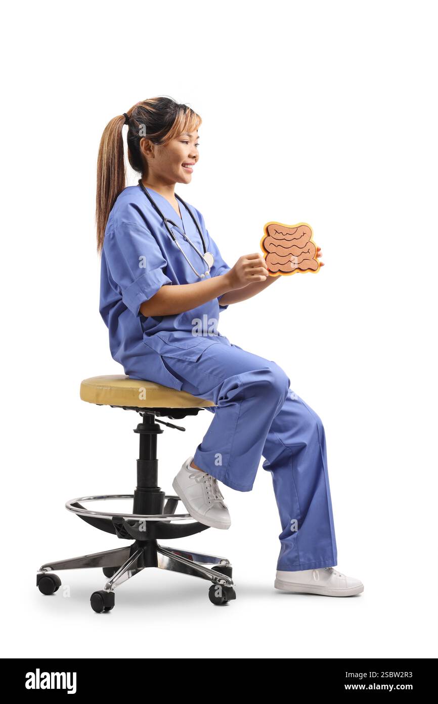 Travailleur médical asiatique tenant un modèle d'intestins humains isolé sur fond blanc Banque D'Images