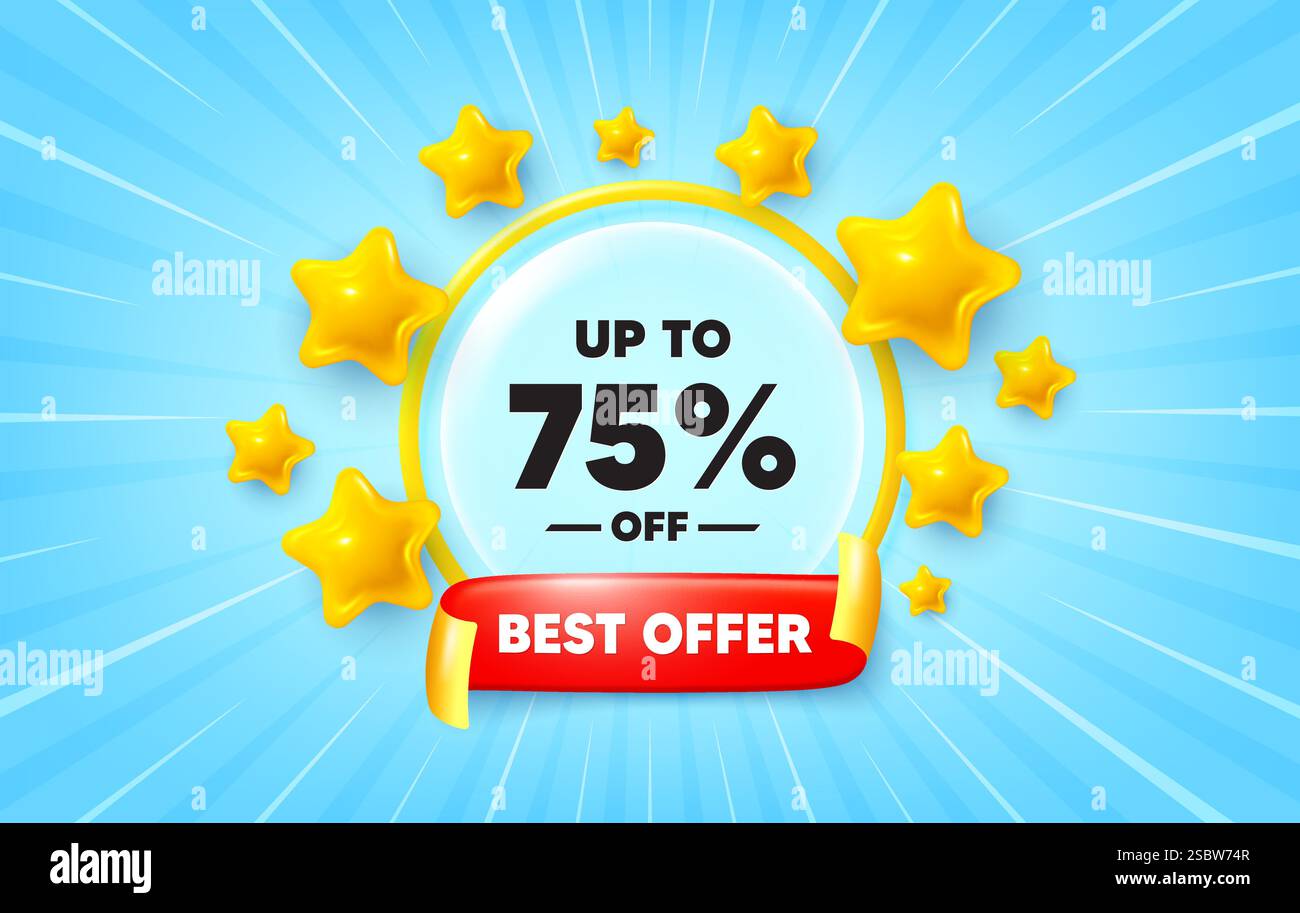 Jusqu'à 75 % de rabais sur les soldes. Affiche de prix d'offre de réduction. Bannière Sunburst Ray. Vecteur Illustration de Vecteur