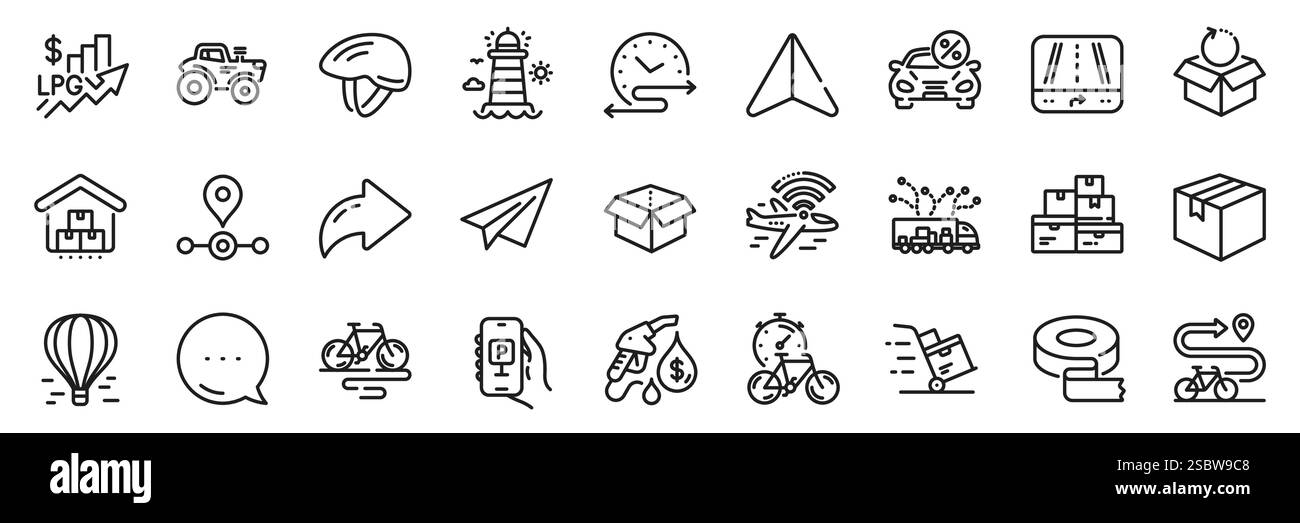 Pack d'icônes stockage, wifi avion et Parcel Line. Pour l'application Web. Icônes de ligne d'application. Vecteur Illustration de Vecteur