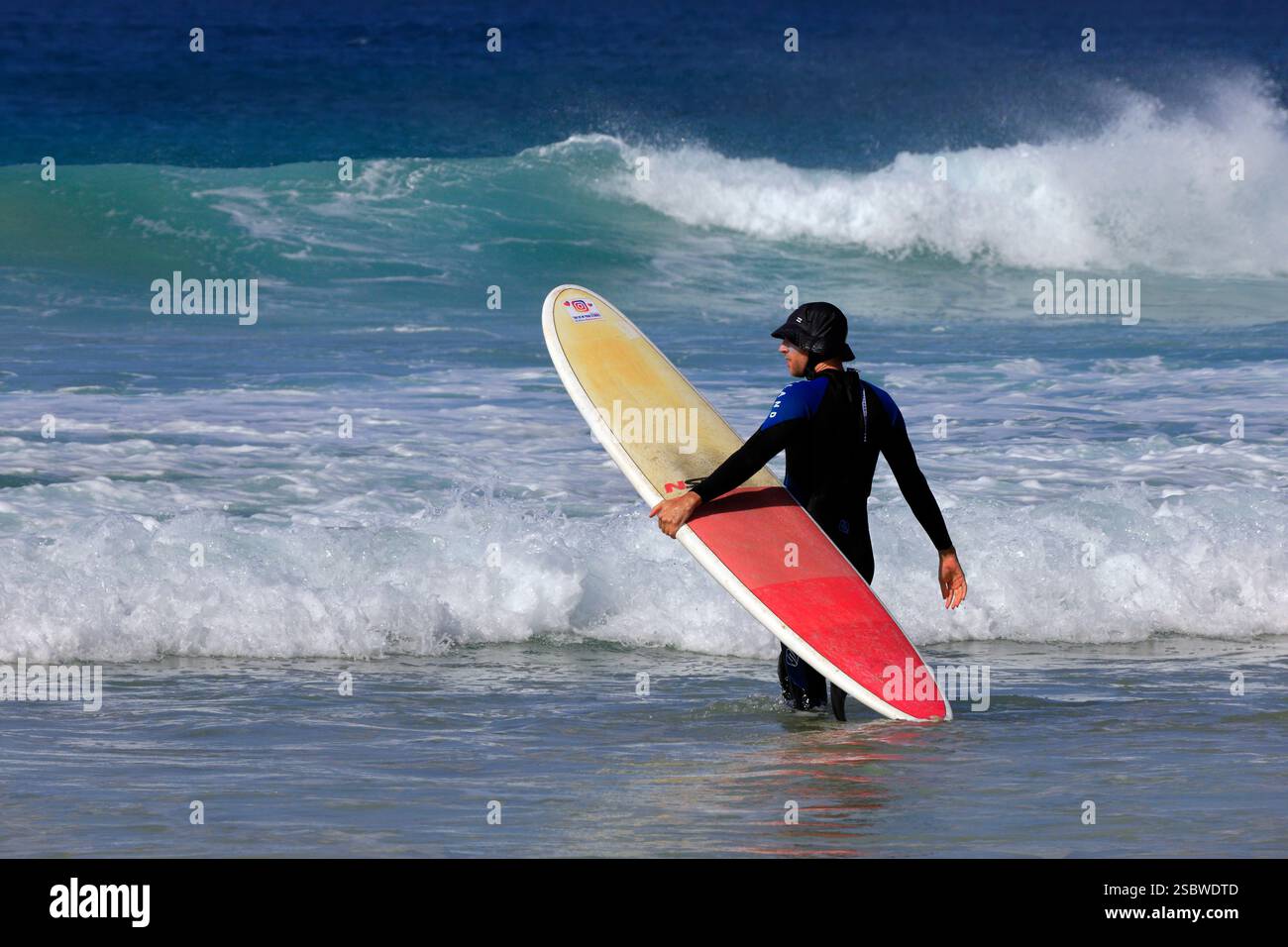 Homme portant une planche de surf vers la mer, à la plage de Piedra Playa, El Cotillo, Fuerteventura, Îles Canaries, Espagne. Prise en novembre 2024 Banque D'Images