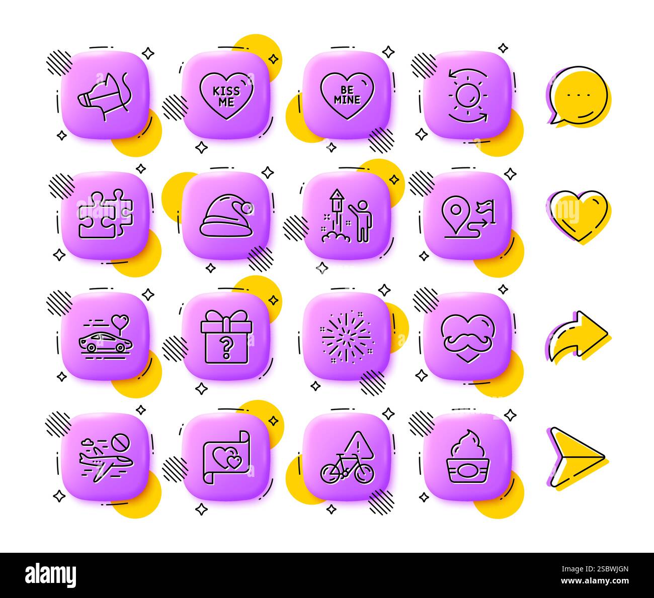 Cadeau secret, attention vélo et icônes de ligne de protection solaire. Pour l'application Web, impression. Icônes des boutons 3D de l'application. Vecteur Illustration de Vecteur