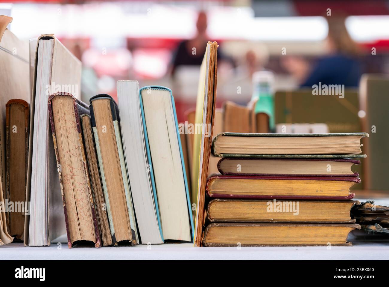 Une collection diversifiée de livres d'occasion exposés sur une table de marché à la foire annuelle du livre. Fiction, non-fiction et classiques attendent les lecteurs enthousiastes Banque D'Images