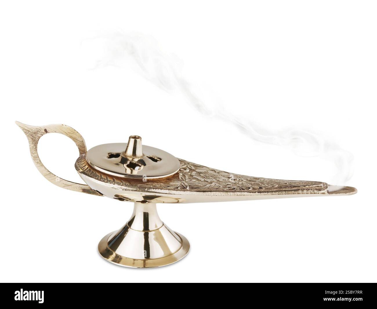 Lampe de Golden Aladdin avec fumée sur blanc Banque D'Images