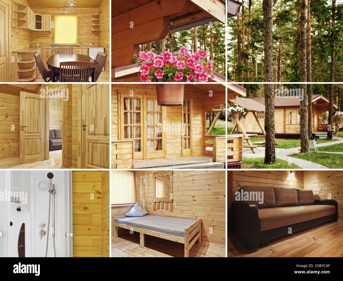 Collage à partir de photos : maison dans le bois et son intérieur Banque D'Images