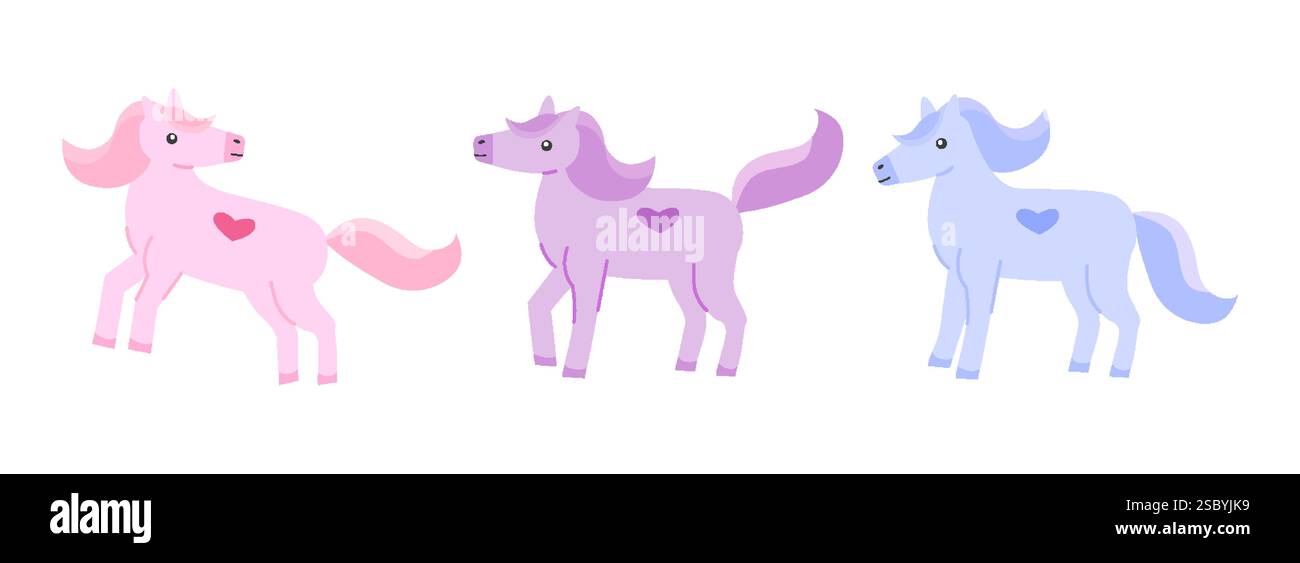 Illustration de bande dessinée plate de cheval debout dans le profil différentes poses couleurs pastel, rose, violet, bleu ensemble. Des formes simples et un design épuré le rendent adapté aux icônes, logos ou matériels éducatifs Illustration de Vecteur