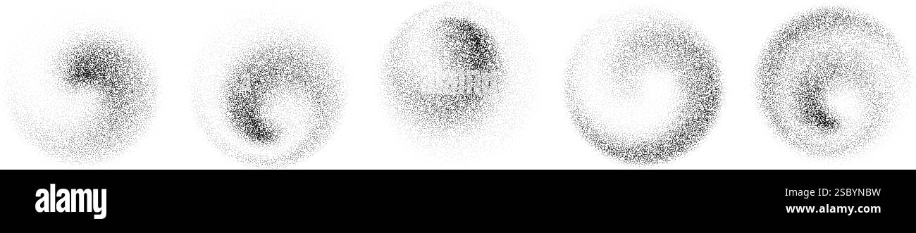 Dégradés de tourbillons en pointillés. Ensemble d'objets spiralés noirs pointillés. Collection de cercles de pulvérisation granuleux. Des éclaboussures d'ondes sonores et des éclaboussures se forment. Dissolution de la texture de poussière de sable. Eléments demi-teintes à évanouissement vectoriel Illustration de Vecteur