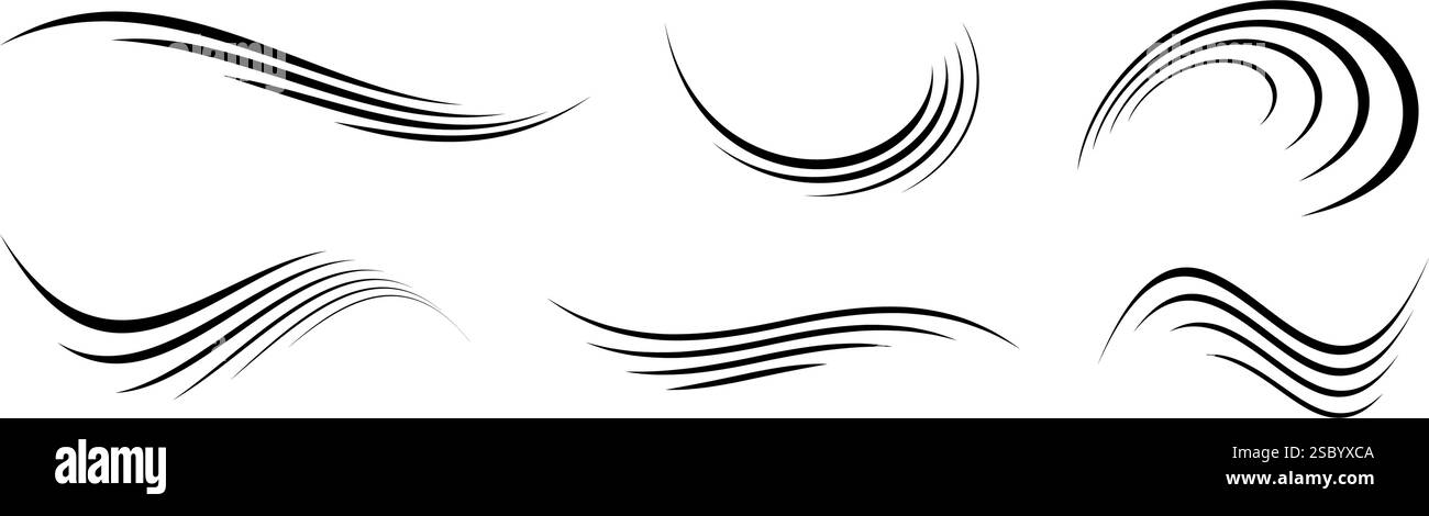 Lignes de mouvement du vent définies. Collection d'ondes fluides. Ouragan soufflant, brise ou concept de ligne de tempête. Faisceau de spirales, courbes et spirales noires. Pack de symboles mouvement d'air et rafale. Vecteur Illustration de Vecteur
