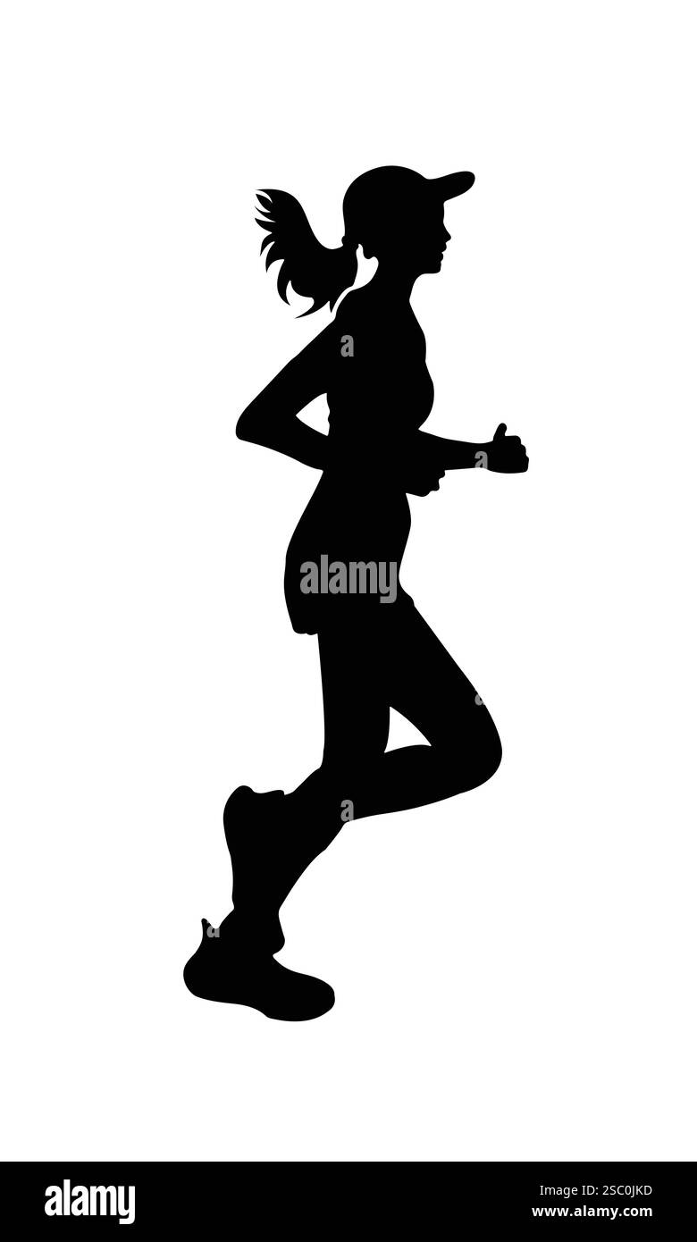 Une silhouette d'une femme qui court avec détermination, portant une casquette et une tenue sportive. La pose dynamique capture l'énergie et le mouvement d'un coureur Illustration de Vecteur