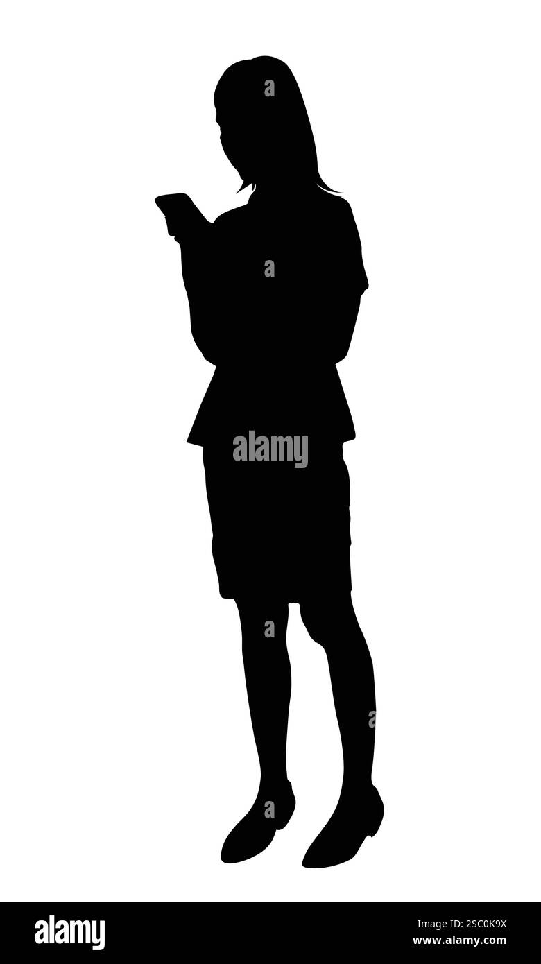 La silhouette d'une femme debout à l'aide de son téléphone souligne le lien que les femmes ont avec la technologie Illustration de Vecteur