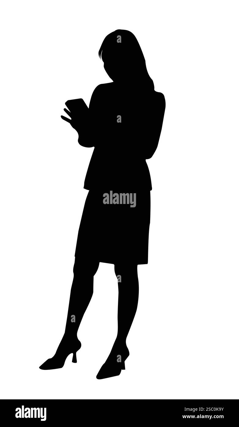 La silhouette d'une femme debout à l'aide de son téléphone souligne le lien que les femmes ont avec la technologie Illustration de Vecteur