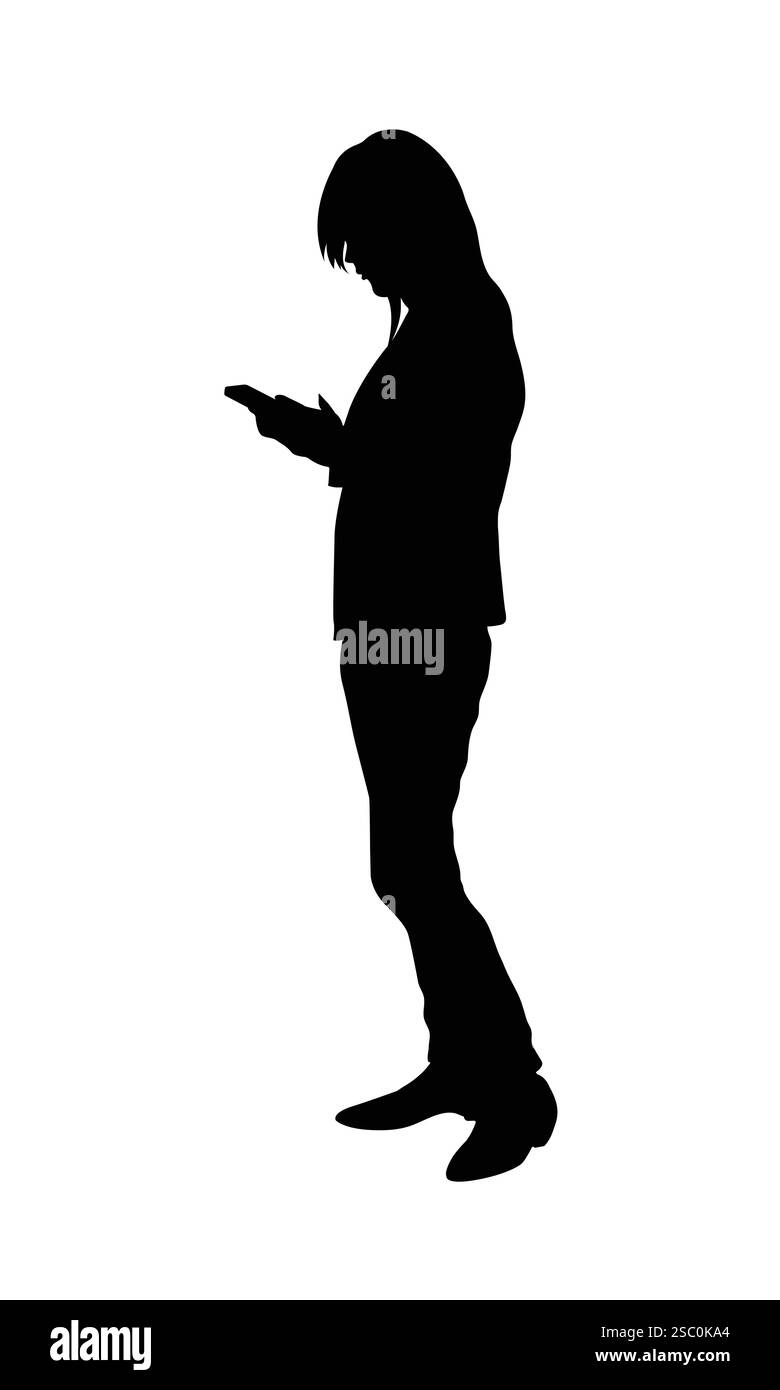 La silhouette d'une femme debout à l'aide de son téléphone souligne le lien que les femmes ont avec la technologie Illustration de Vecteur