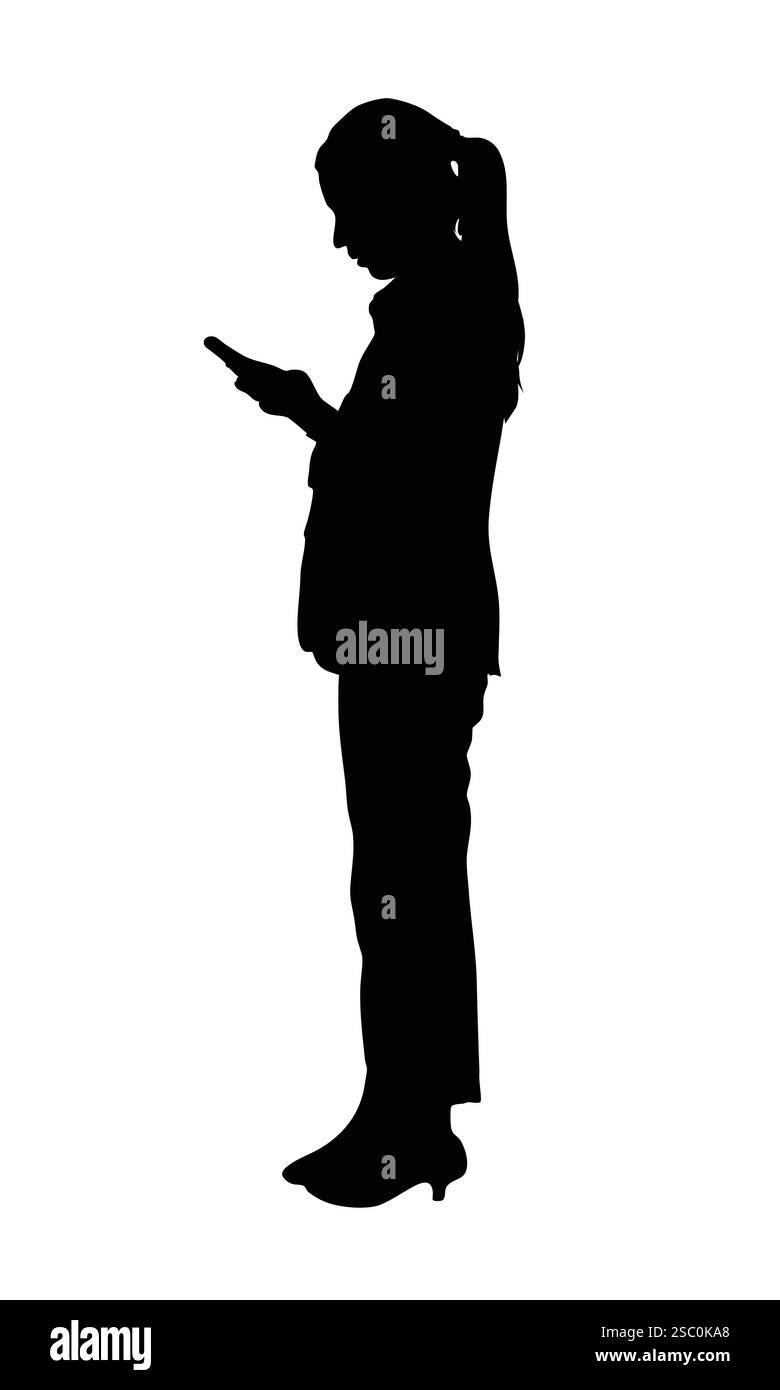 La silhouette d'une femme debout à l'aide de son téléphone souligne le lien que les femmes ont avec la technologie Illustration de Vecteur