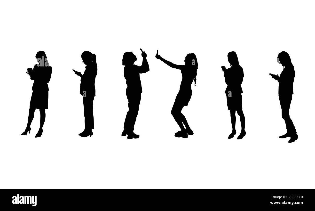 Un groupe de silhouette d'une femme debout et utilisant son téléphone, une femme concept connexion à la technologie Illustration de Vecteur