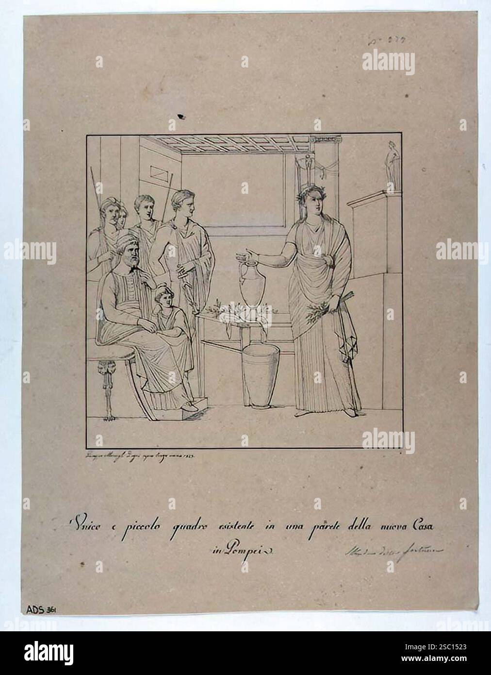 Maison des cinq squelettes (VI 10,2) dessin de Pompéi de Giuseppe Marsigli, 1829, de peinture murale d'Énée consultant Anion ou Cassandre prophétisant la chute de Troie. Banque D'Images