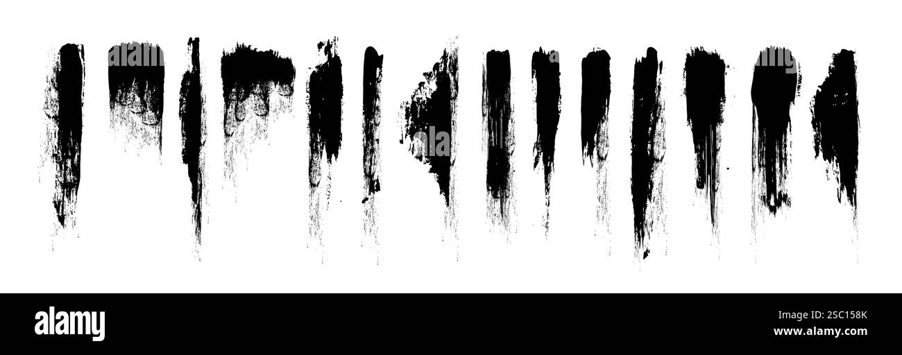 Bandes de pinceau avec des bords rugueux et des marques de décoloration sur fond blanc. Traînées noires avec texture d'encre naturelle et mouvement vertical. Éléments grunge pour le design urbain ou abstrait Illustration de Vecteur