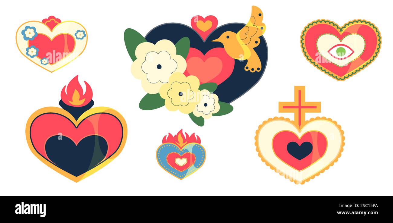 Coeurs mexicains ensemble isolé sur fond blanc. Illustration vectorielle de dessin animé du symbole sacré de l'amour de Jésus, signes rouges décorés avec oeil, oiseau, croix, couronne de feu, collection d'autocollants religieux Illustration de Vecteur