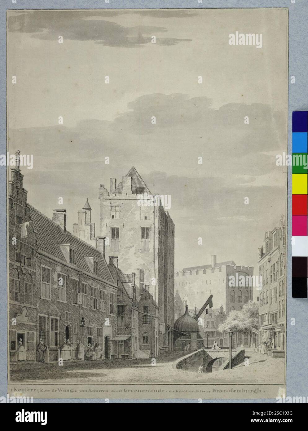 Gezicht vanaf de Ganzenmarkt te Utrecht in de richting van de Oudegracht met in het midden het wed naar de werf links van het midden het huis Keyserri. Banque D'Images