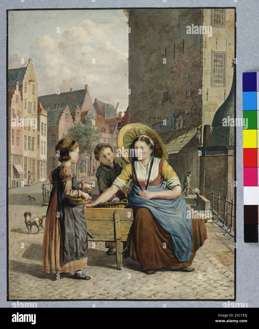 Gezicht vanaf de Oudegracht te Utrecht op de huizen aan de noordwestzijde van de Ganzenmarkt met op de voorgrond de fruitverkoopster Antje van Muyen d.. Banque D'Images