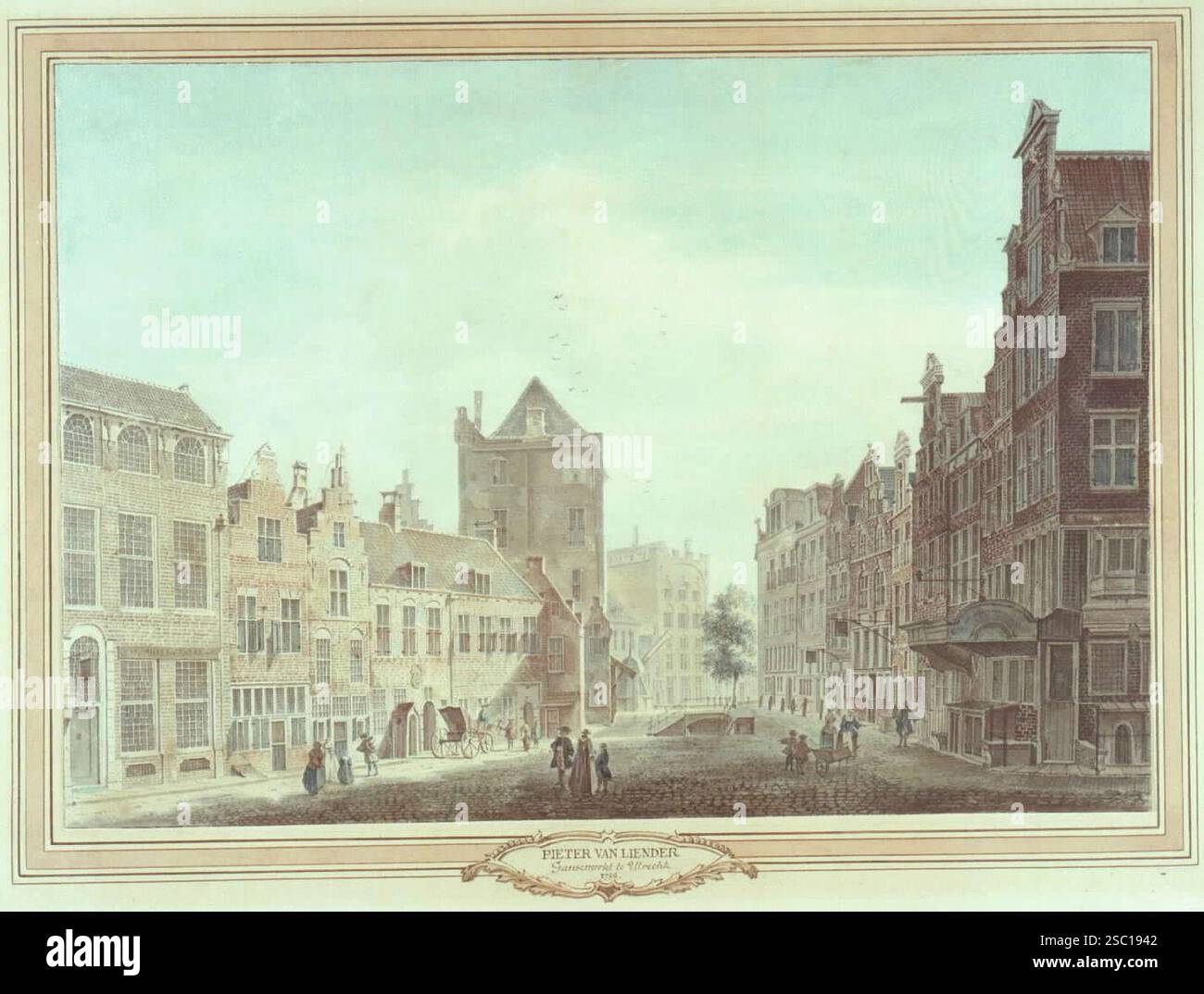 Gezicht vanaf de Ganzenmarkt te Utrecht in de richting van de Oudegracht met in het midden het huis Keyserrijk en het wed naar de werf op de achtergro. Banque D'Images