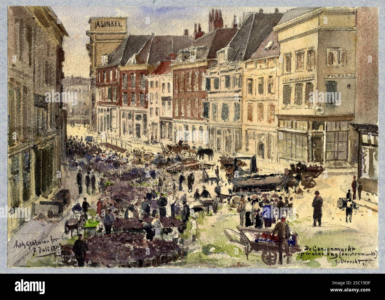 Gezicht vanaf de Ganzenmarkt te Utrecht in de richting van de Oudegracht tijdens een marktdag met rechts de ingang van de Schoutenstraat. Banque D'Images