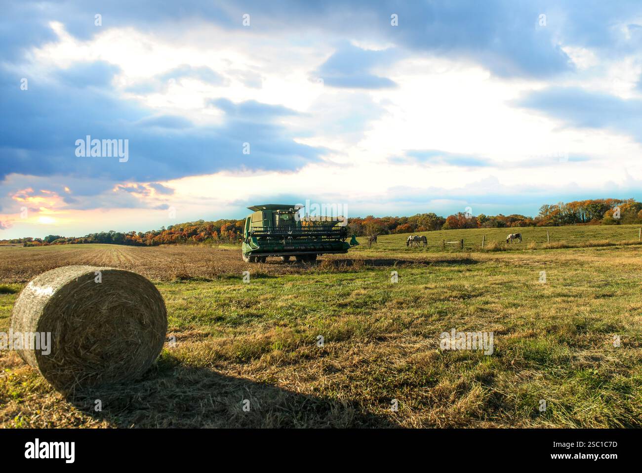 Le coucher de soleil sur une ferme du Maryland pendant l'automne avec un tracteur et des chevaux dans un champ avec des balles de foin Banque D'Images