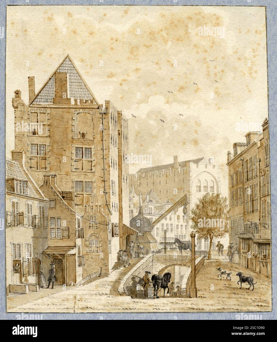 Gezicht vanaf de Ganzenmarkt te Utrecht in de richting van de Oudegracht met in het midden het wed naar de werf links het huis Keyserrijk en op de ach. Banque D'Images