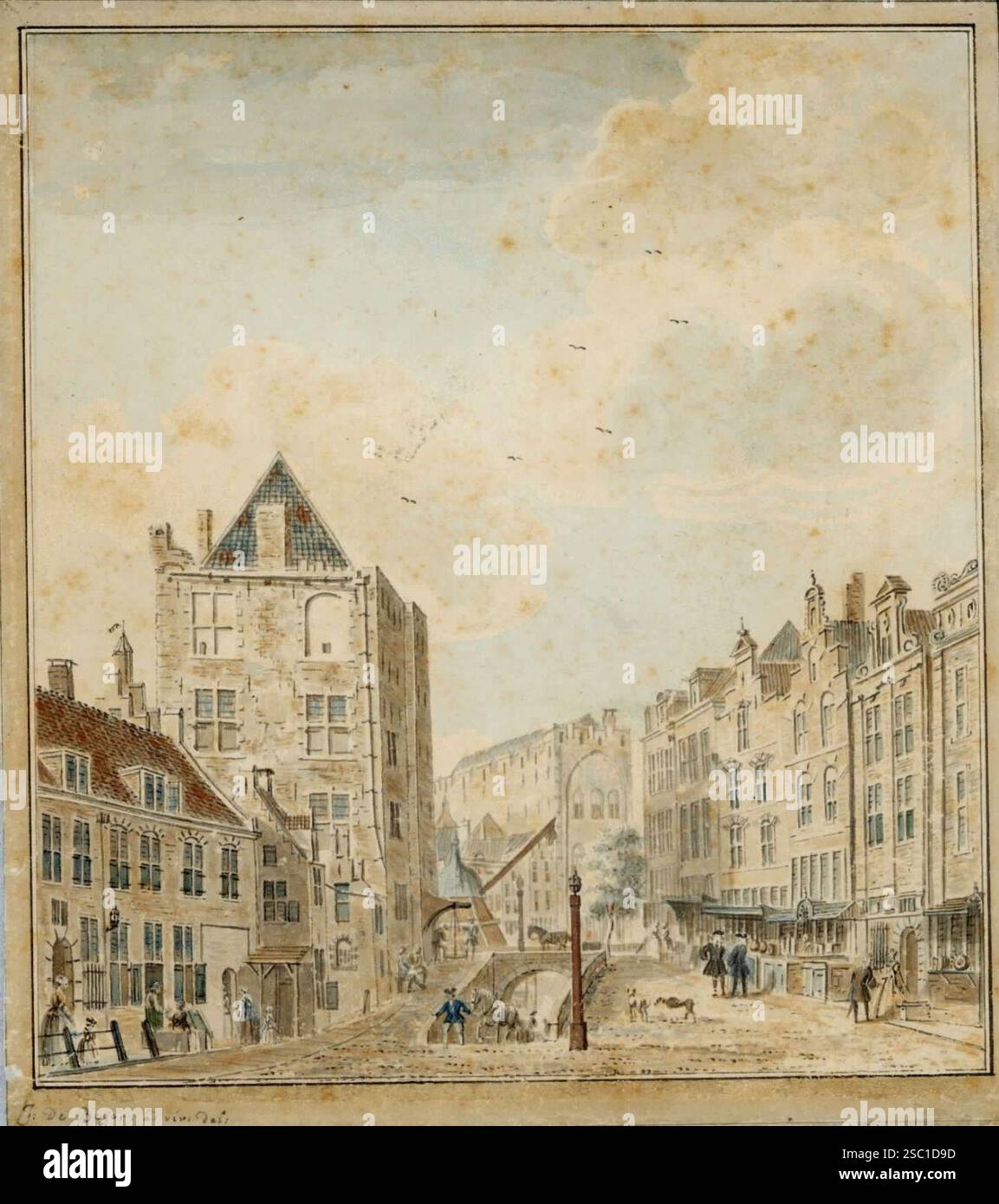 Gezicht vanaf de Ganzenmarkt te Utrecht in de richting van de Oudegracht met in het midden het wed naar de werf links het huis Keyserrijk en op de ach. Banque D'Images