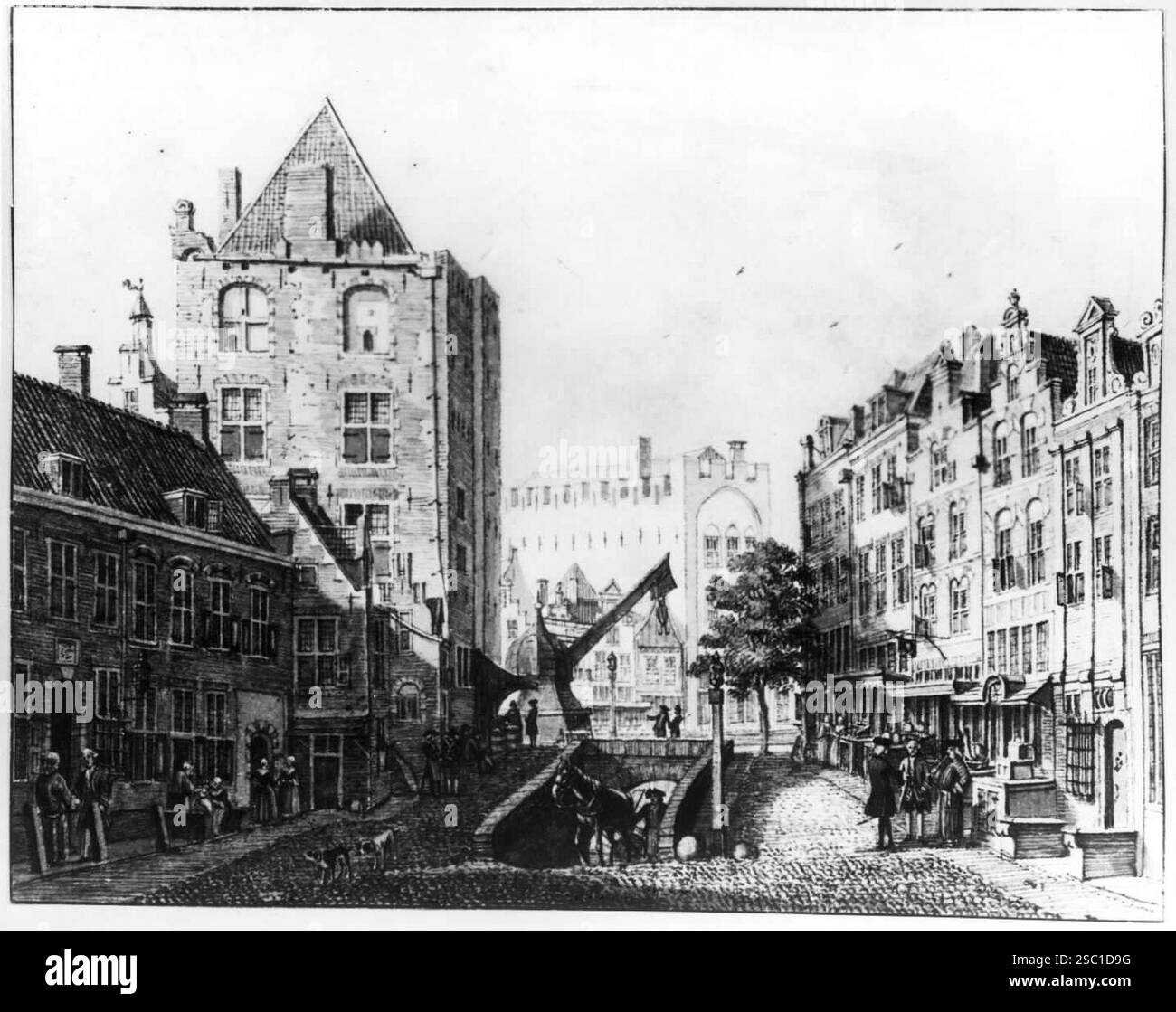 Gezicht vanaf de Ganzenmarkt te Utrecht in de richting van de Oudegracht met in het midden het wed naar de werf links van het midden het huis Keyserri. Banque D'Images