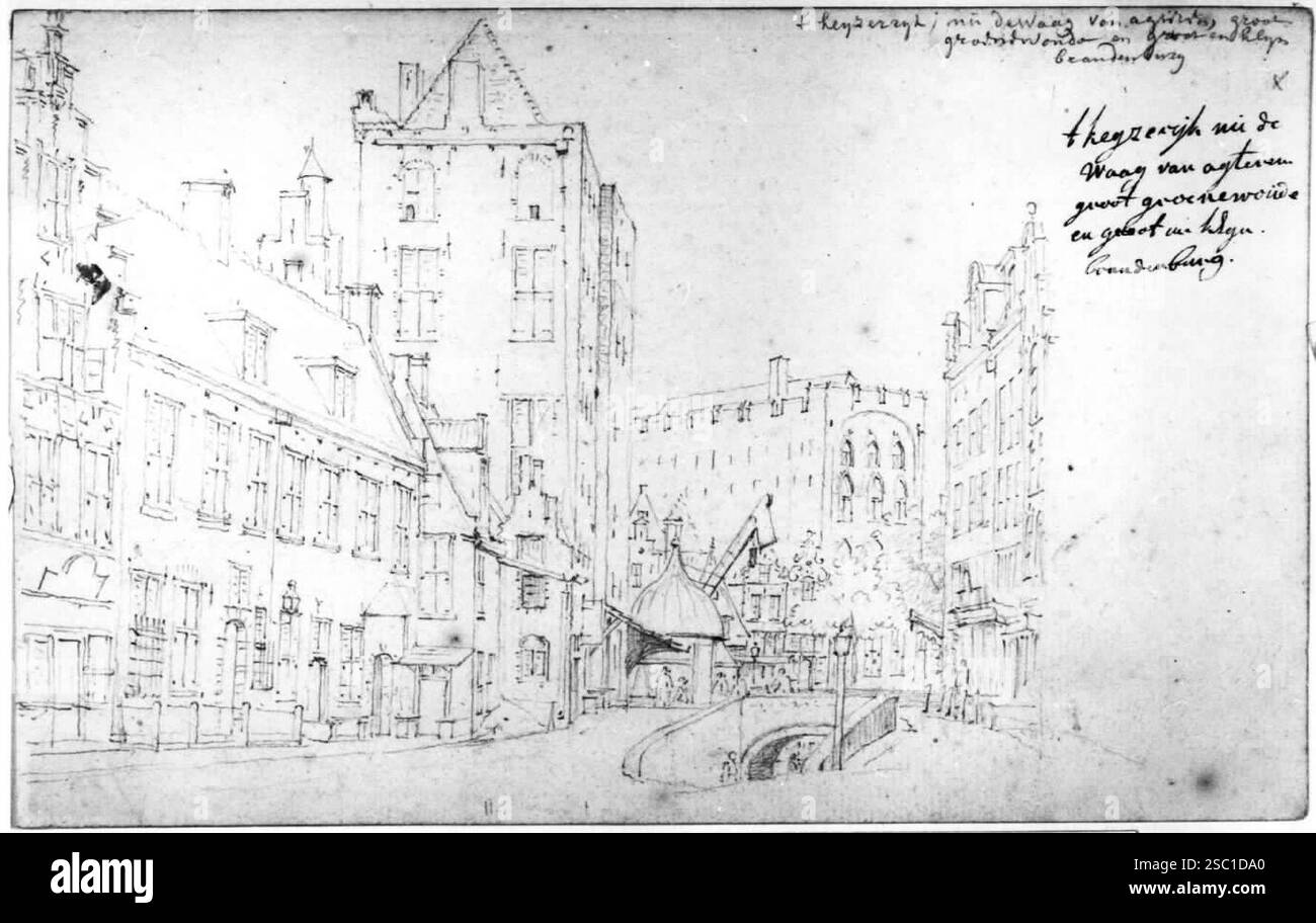 Gezicht vanaf de Ganzenmarkt te Utrecht in de richting van de Oudegracht met in het midden het wed naar de werf links van het midden het huis Keyserri. Banque D'Images