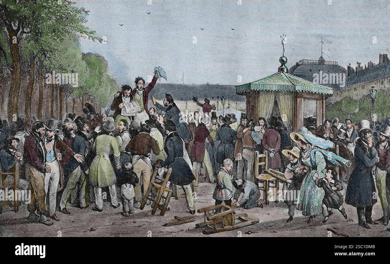 France. Paris. Révolution de 1830. 26 juillet. Lecture des ordonnances royales de Charles X au Palais royal. Lithographie par Adam. Banque D'Images