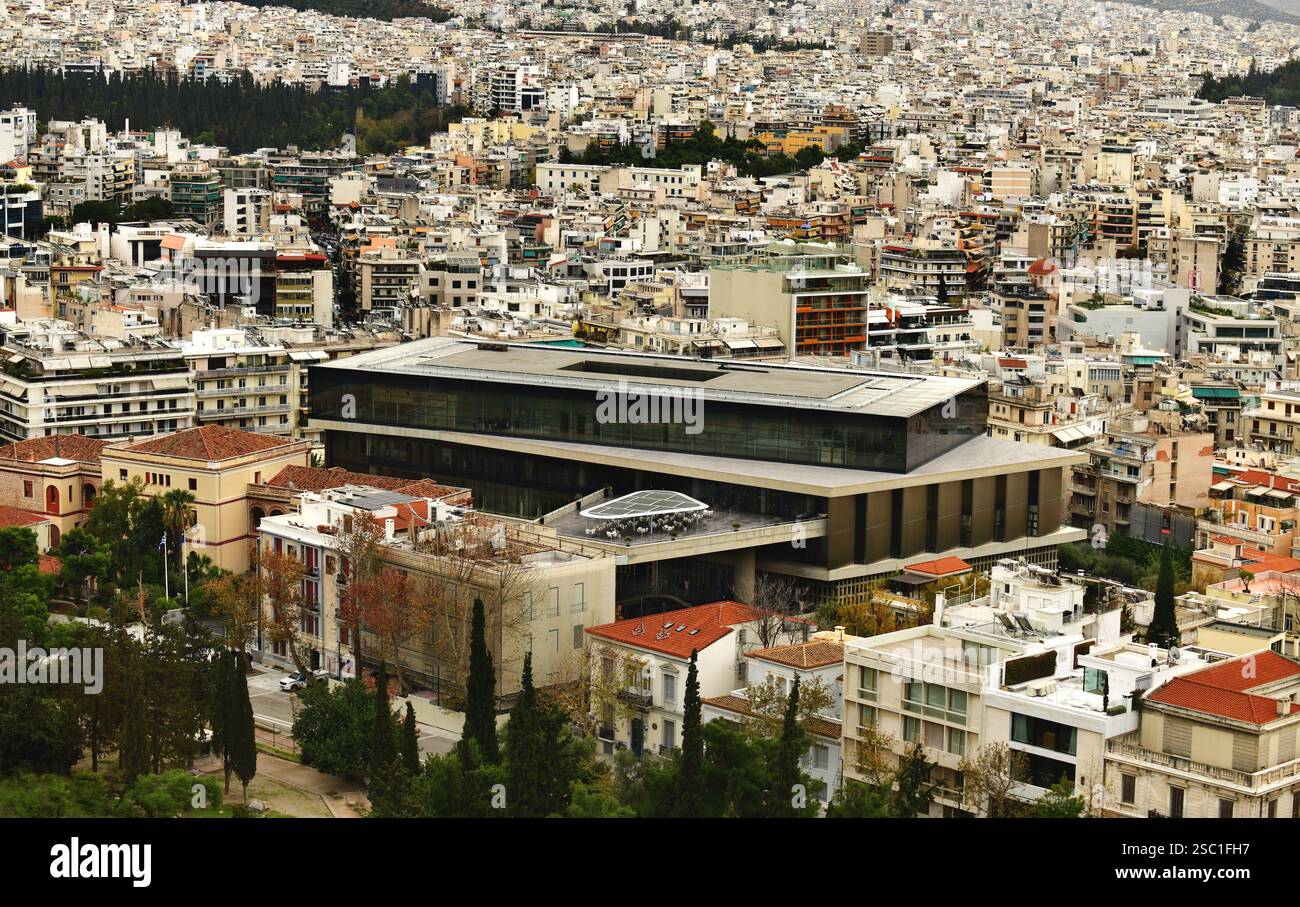 Vue sur le musée de l'Acropole et le centre-ville d'Athènes. Grèce Banque D'Images