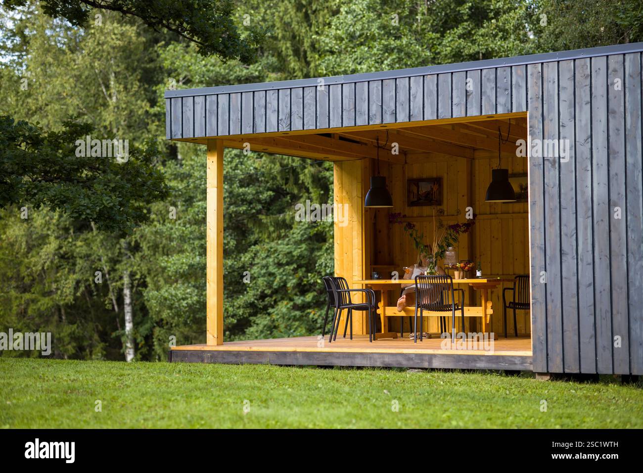 Cabine moderne dans un cadre forestier tranquille. Le design contemporain se marie à la nature. Retraite paisible avec un grand arbre et sièges en plein air. Parfait pour Banque D'Images