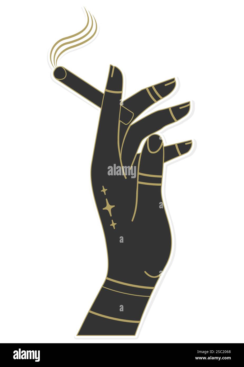 Main humaine avec autocollant de cigarette. Main tenant des cigarettes de haschisch. Éléments d'Halloween dessinés à la main dans un style d'art au trait. Sorcellerie et méplat ésotérique Illustration de Vecteur